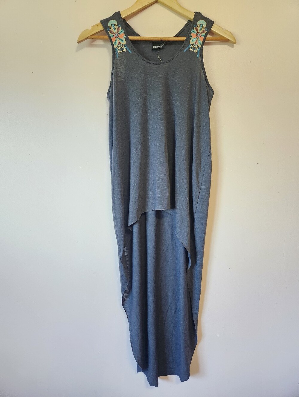 Cruel Denim Grey High Low Hem Racerback Tunic Tank Floral Boho Graphic Detail S